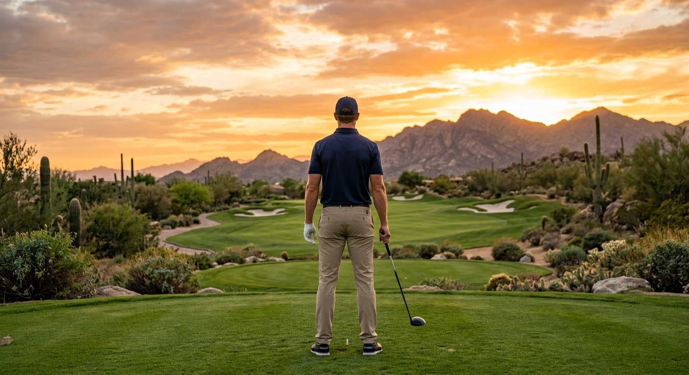 Golfer standing on an Arizona desert course at golden hour, looking down the fairway