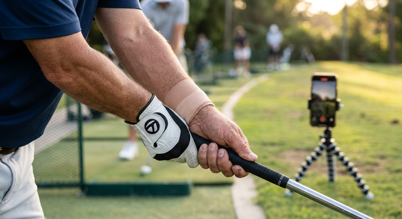 Close-up of golfer's hands on club grip with phone on tripod recording swing