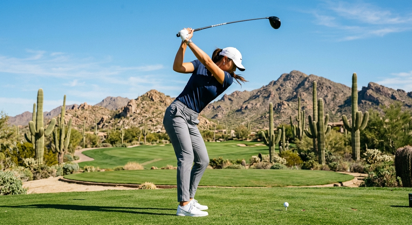 Athletic golfer mid-swing on a beautiful Arizona desert golf course with saguaro cacti